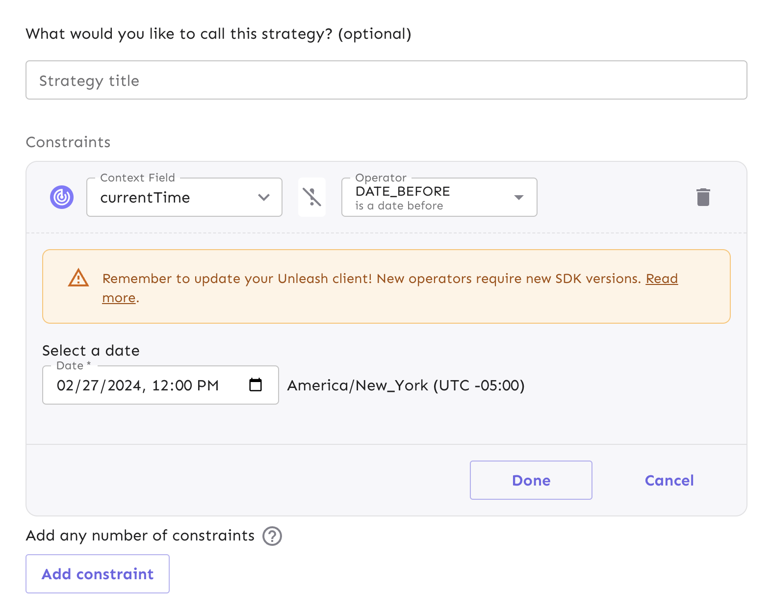 A constraint form has a context field and operator with options to base your context field off of.